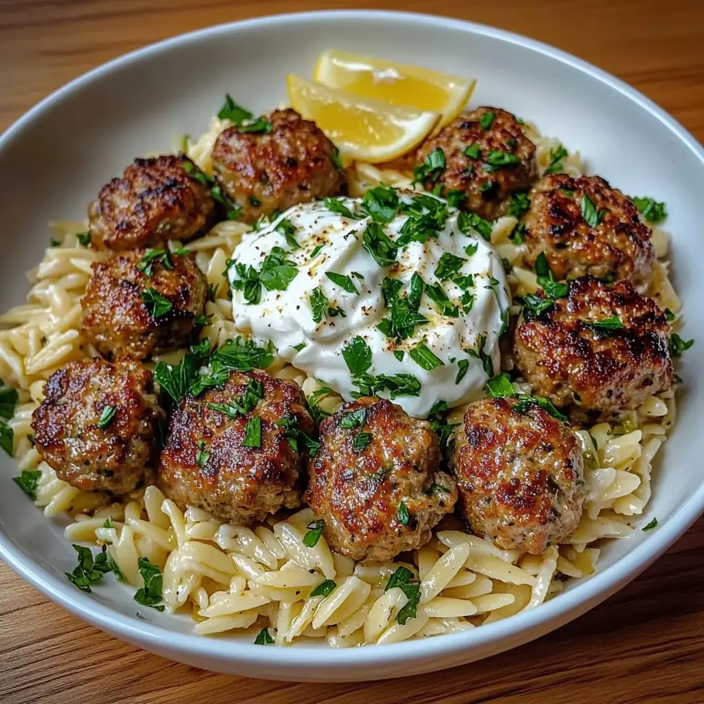 Boulettes Grecques et Orzo Citronné avec Crème de Feta Boulettes Grecques et Orzo Citronné avec Crème de Feta