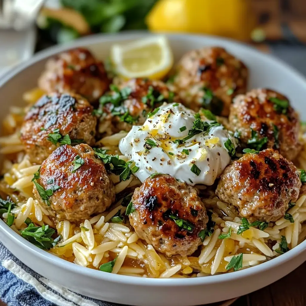 Boulettes Grecques et Orzo Citronné avec Crème de Feta Boulettes Grecques et Orzo Citronné avec Crème de Feta