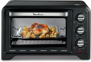 Moulinex Four électrique posable 19 L, Compact, chaleur tournante, 6 modes de cuisson, Thermostat réglable jusqu’à 240°C, Minuteur 120 min, Grille réversible, Lèche frites, Optimo noir OX444810