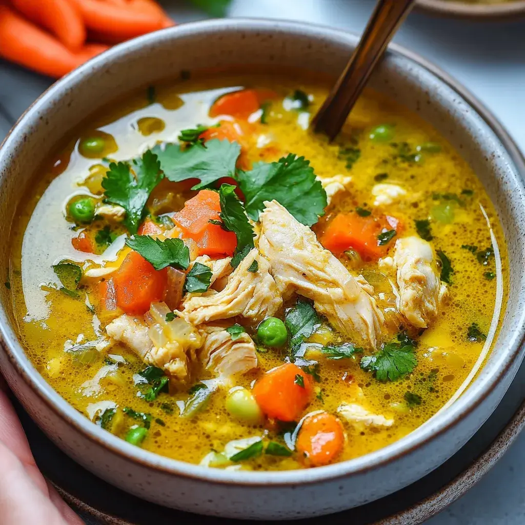 Soupe de poulet au curcuma anti-inflammatoire maison servie chaude dans un bol