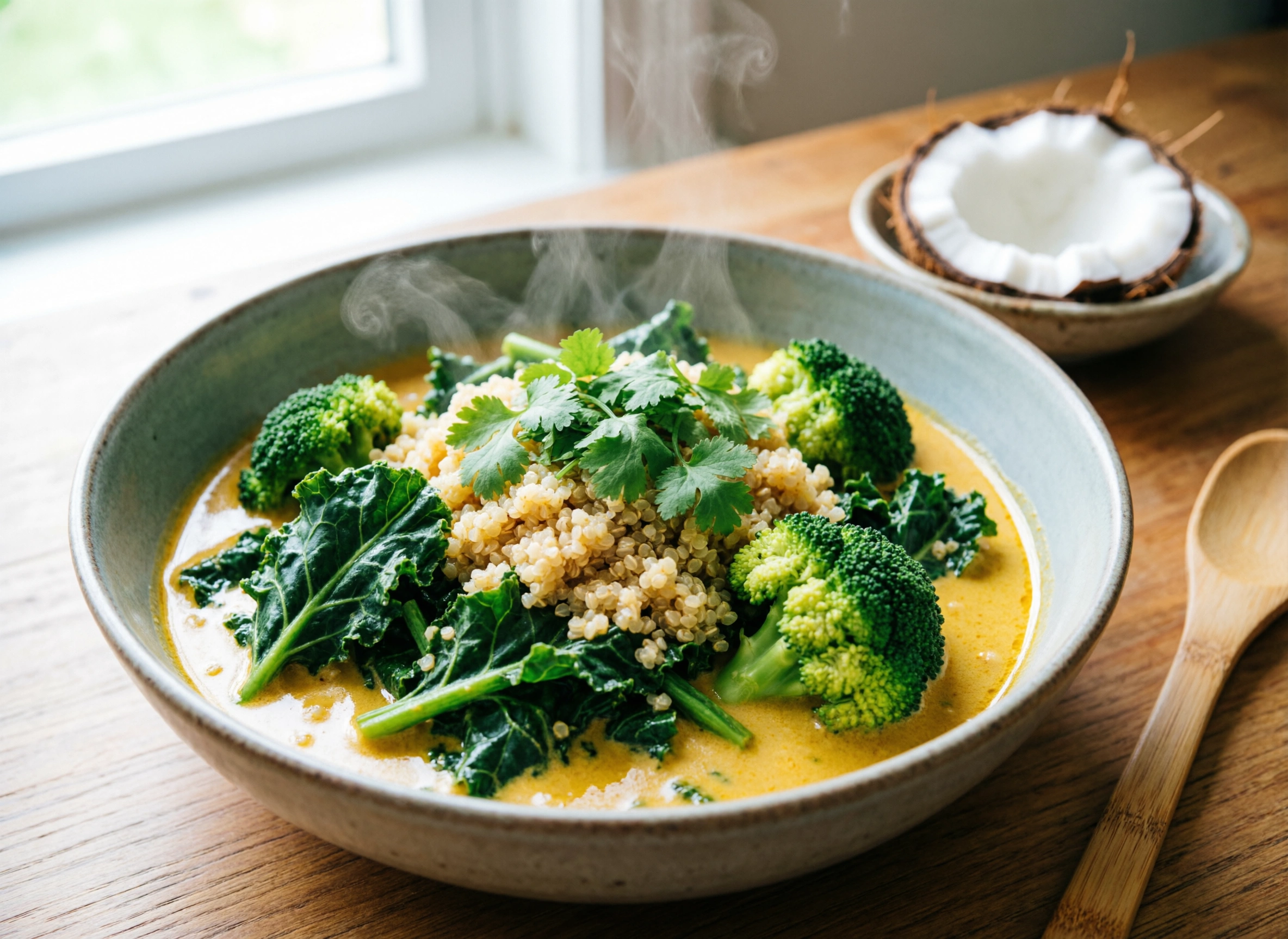 Curry choux de Bruxelles brocoli au lait de coco servi avec quinoa dans un bol